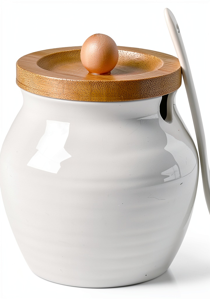 AISBUGUR ceramic sugar bowl with wooden lid on a kitchen counter